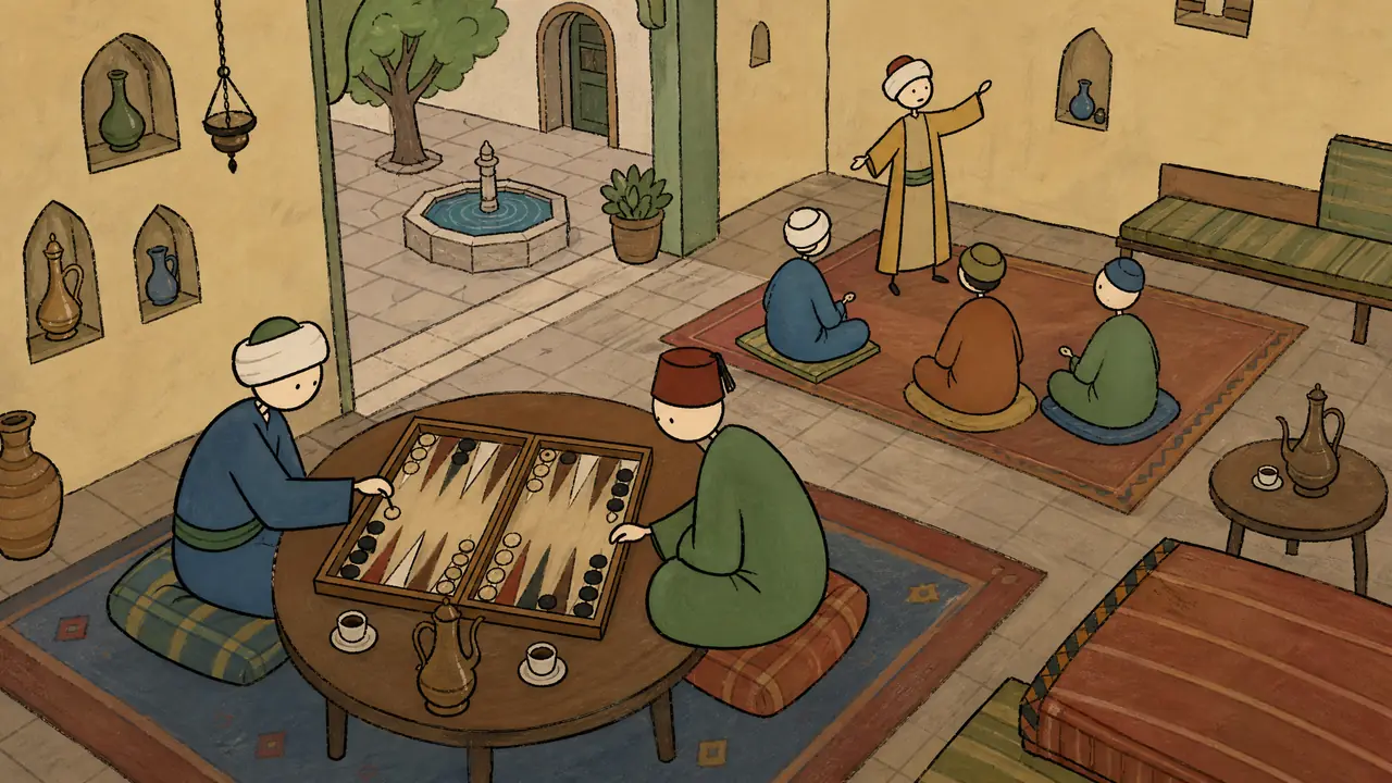 Handmade illustrated coffeehouse scene with a storyteller and people playing a board game.