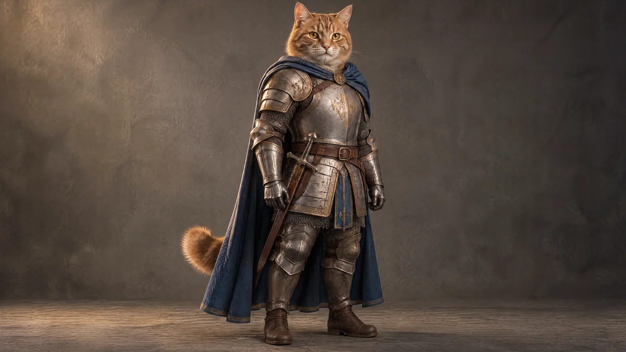 Approved character reference: Milo, a ginger cat knight in silver armour with a dark blue cloak.