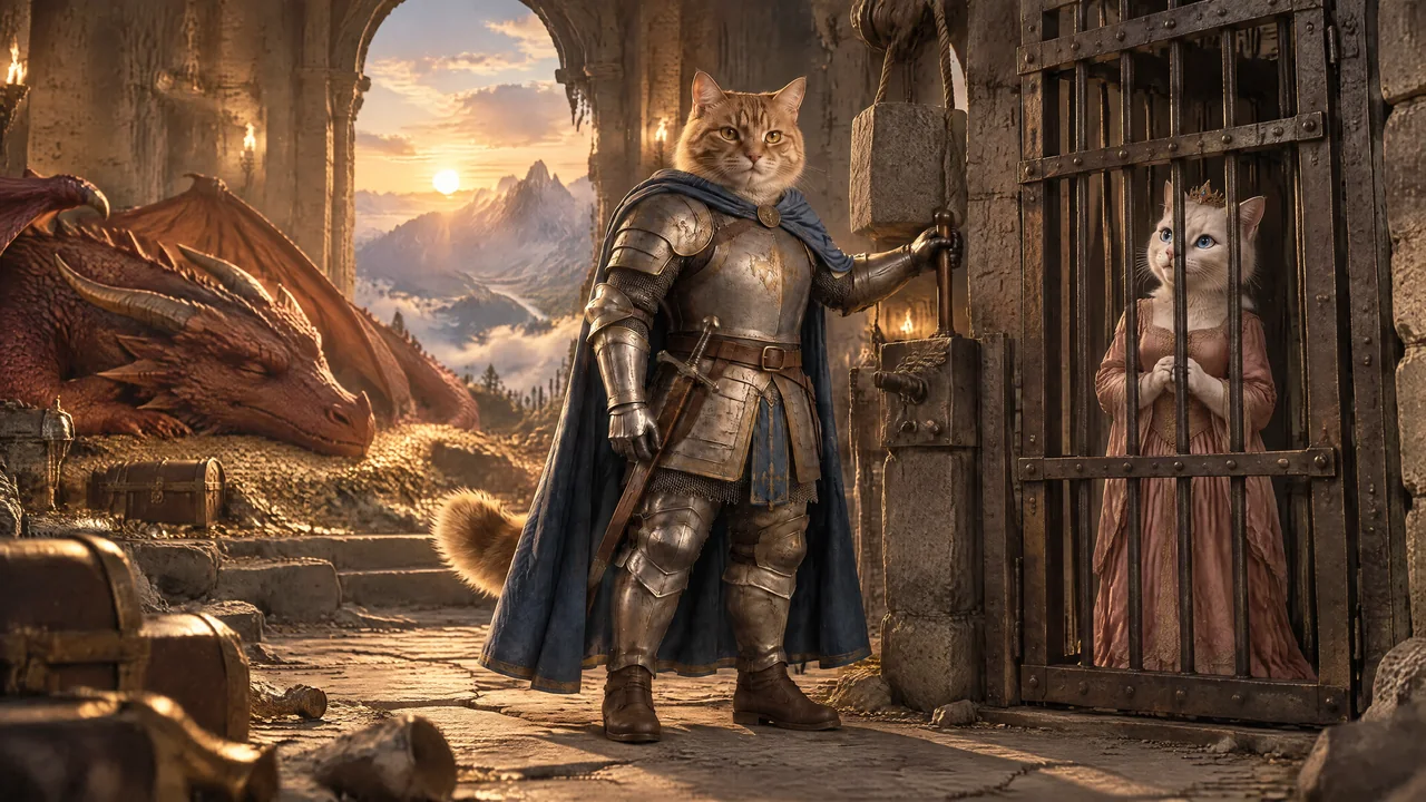 Milo stands beside the white cat princess’s barred cell while a dragon sleeps nearby.